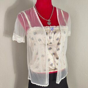 Vintage Sheer White Mesh Lace Bolero Short Sleeve Layering Lingerie Top Small